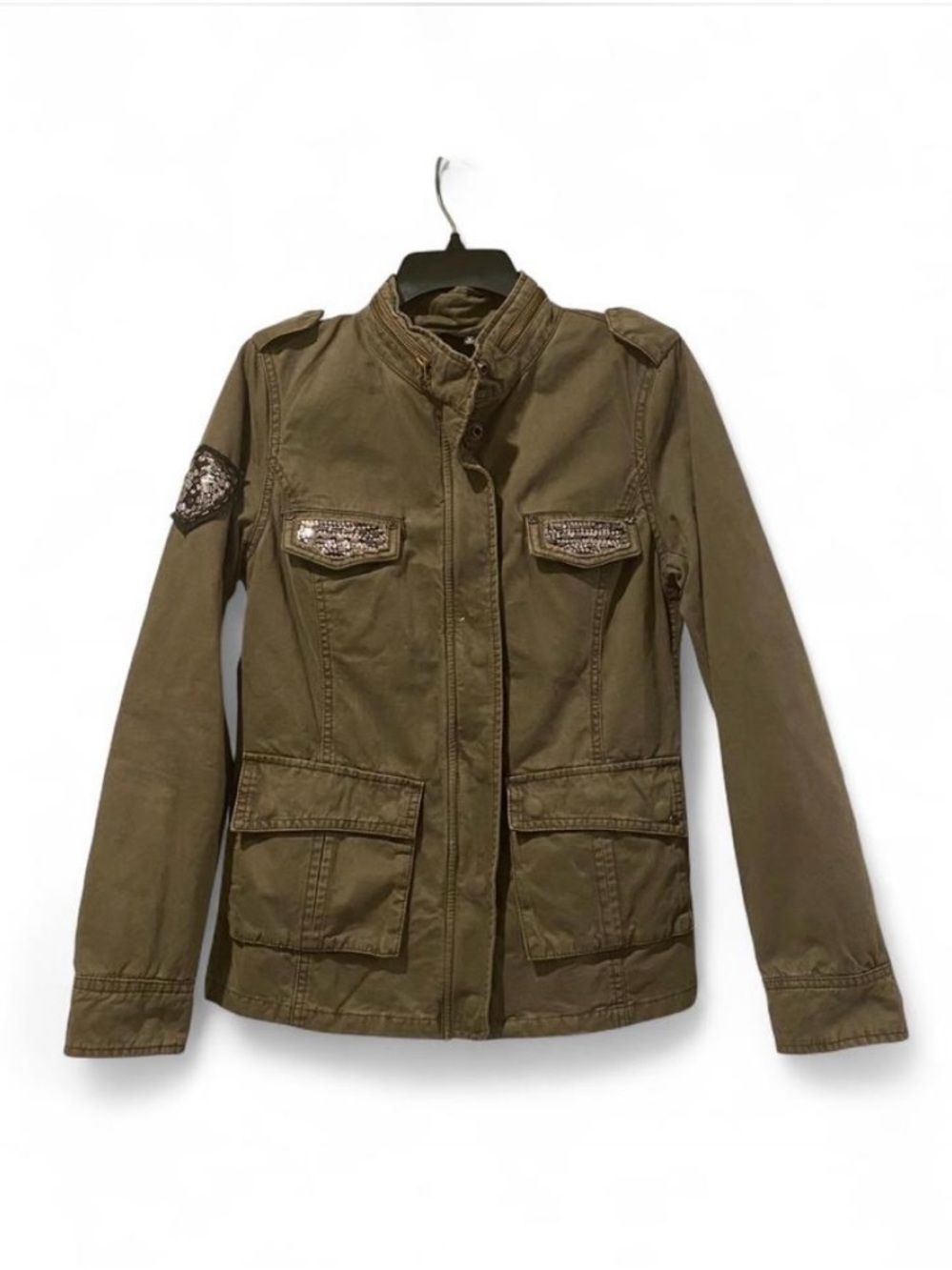 Miss Me Green Utility Jacket with Sequin Accents